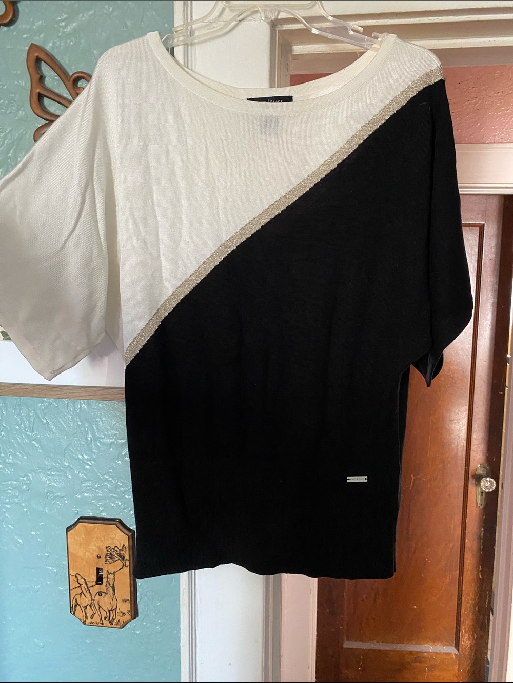 White House Black Market Black and White Diagonal Colorblock Top